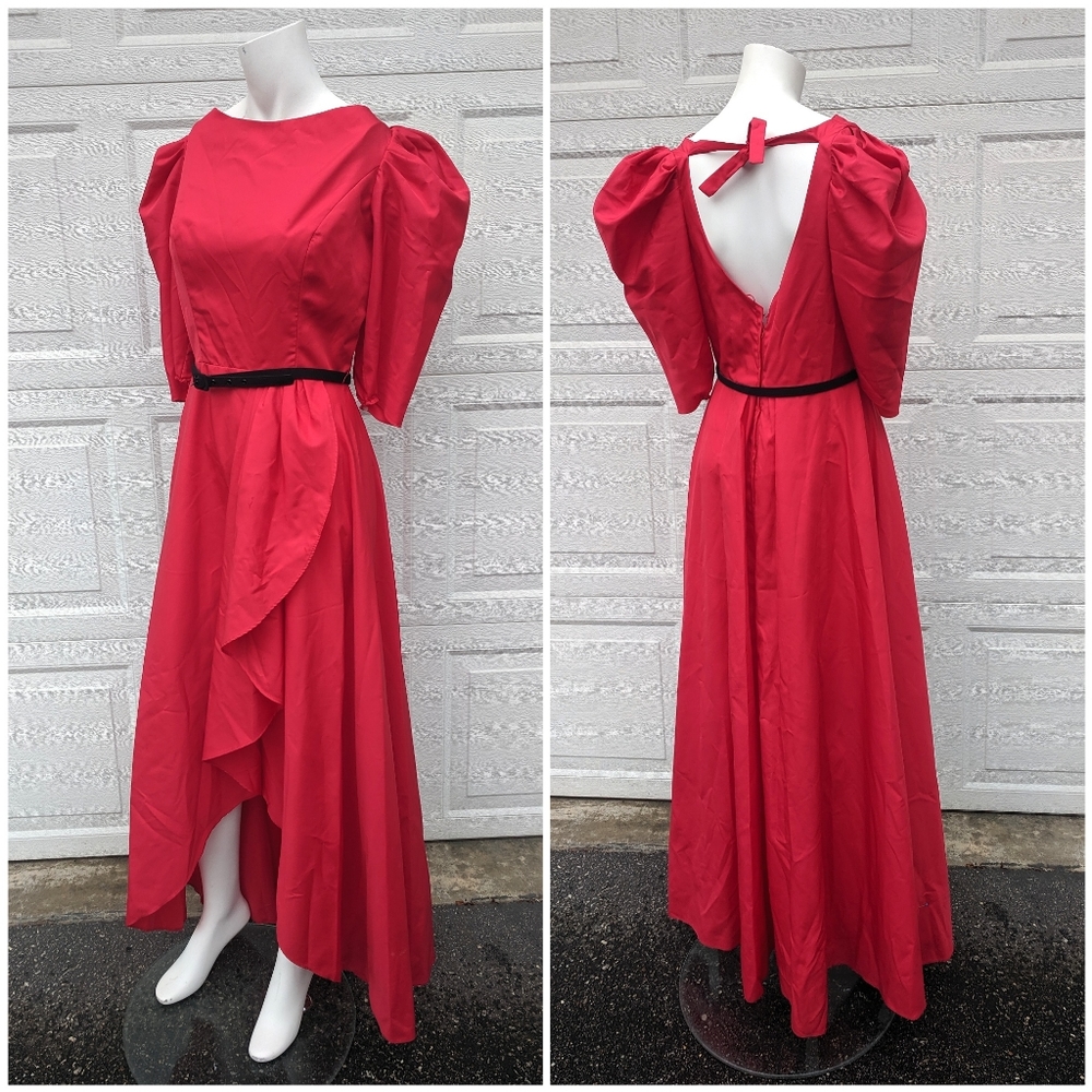 Vintage Hi-Low Red Puff Sleeve Princess Gown | 80’s Cotton Bridesmaid Dress